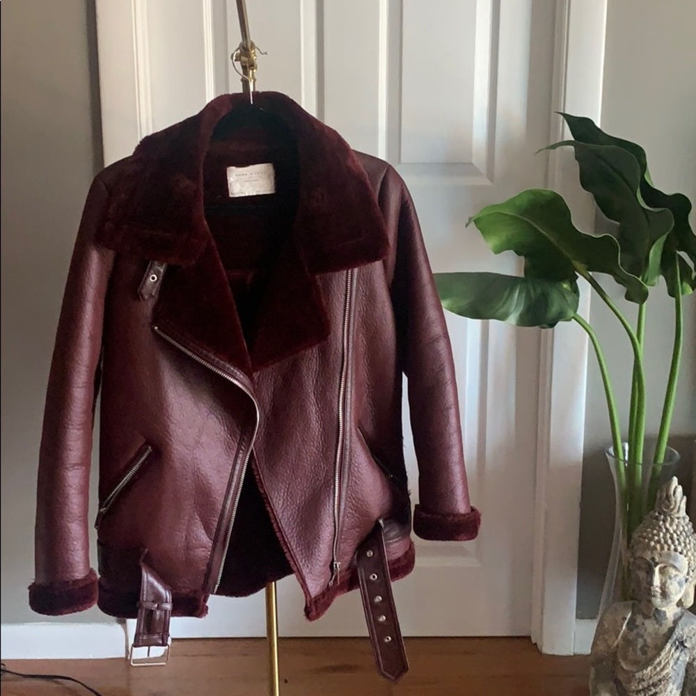 Zara Aubergine Faux Fur Moto Jacket  size Small